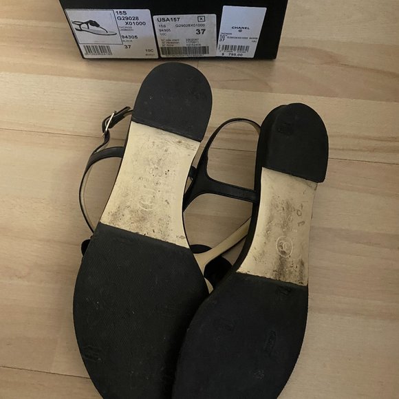 Chanel Black Leather Camellia Thong Flat Sandals Size 36 - Picture 5 of 6